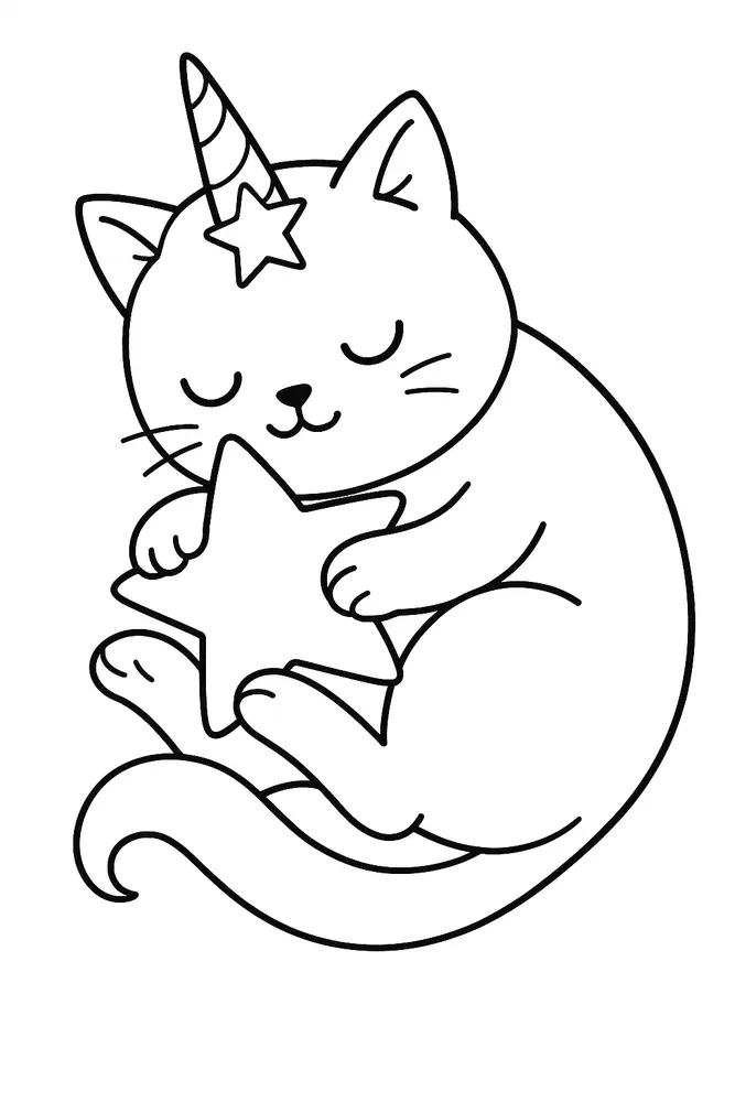 Dreamy Unicorn Cat with Star - Adorable Cat Coloring Pages