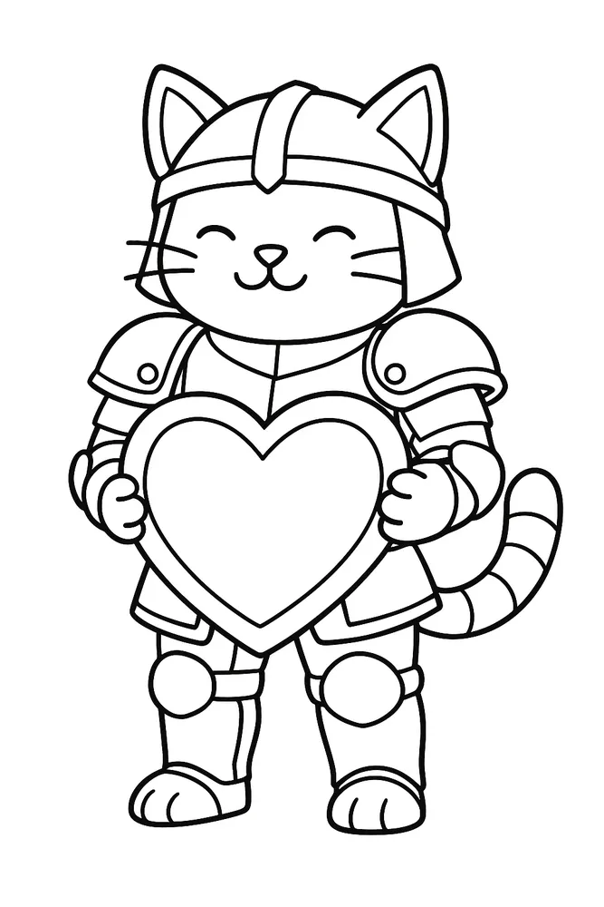 Brave Knight Cat with a Heart Shield cat coloring pages