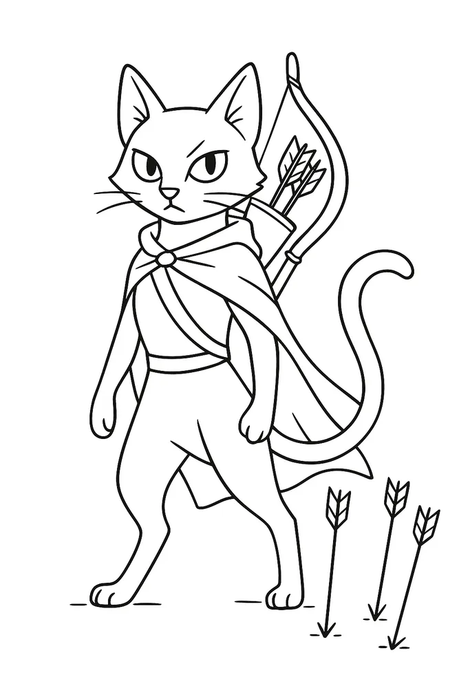 Fearsome Warrior Cat with Bow and Arrows Cat Coloring Pages