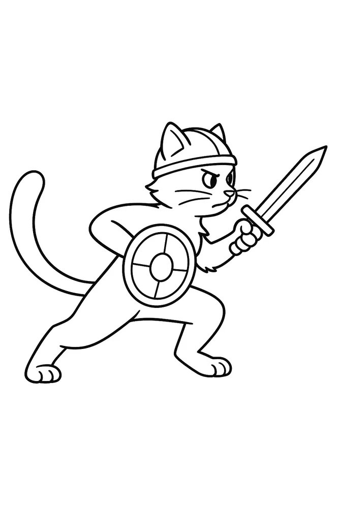 Brave Warrior Cat with Sword cat coloring pages