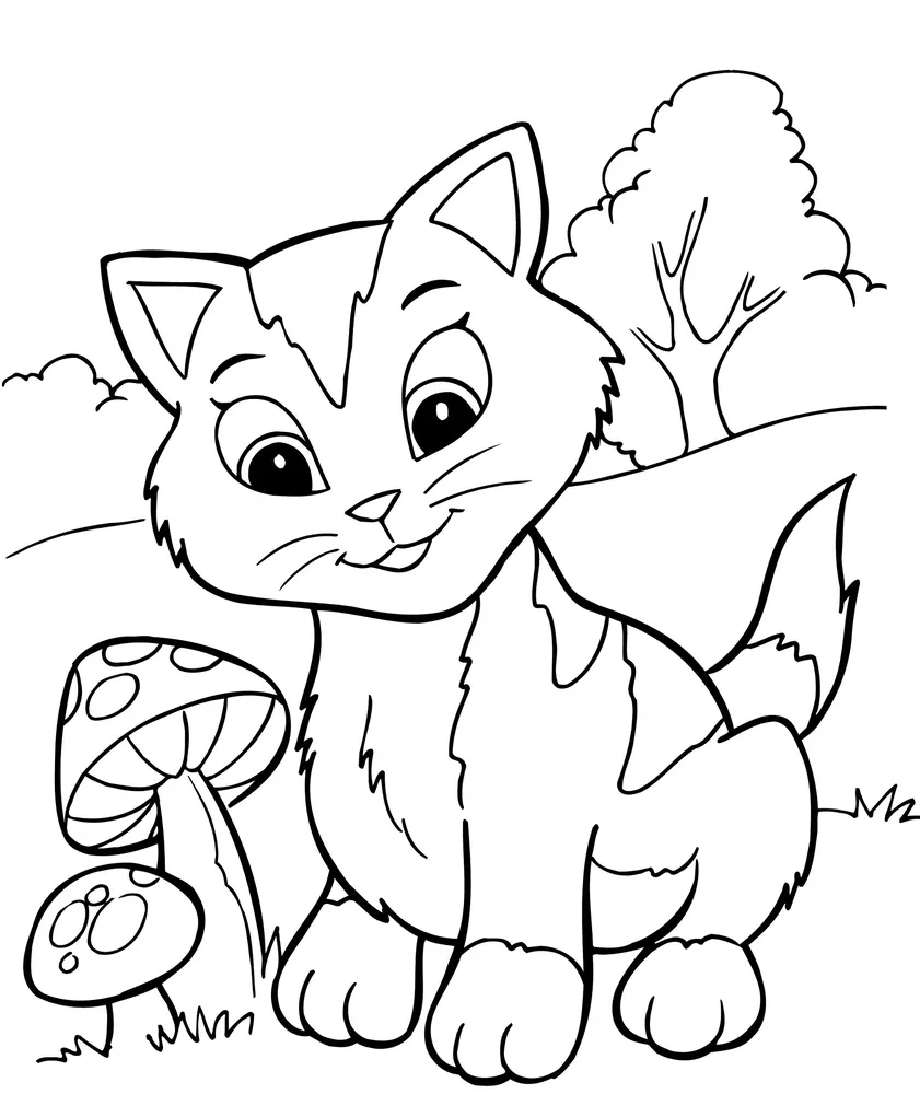 Playful Kitty and Mushrooms Cat Coloring Pages